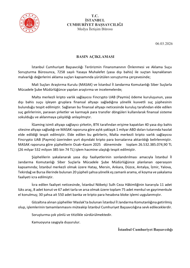 İstanbul’da Büyük Operasyon: Yasa dışı Bahis ve Kripto Aklama Ağının Perde Arkası Gün Yüzüne Çıkıyor