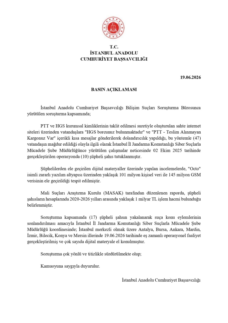 HGS ve PTT Dolandırıcılığını Yıkan Operasyon: 101 Milyon Kişisel Veri Ele Geçirildi
